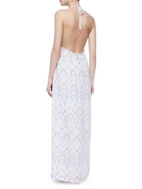 BCBGMaxAzria White and Light Blue Halter Backless Maxi Dress